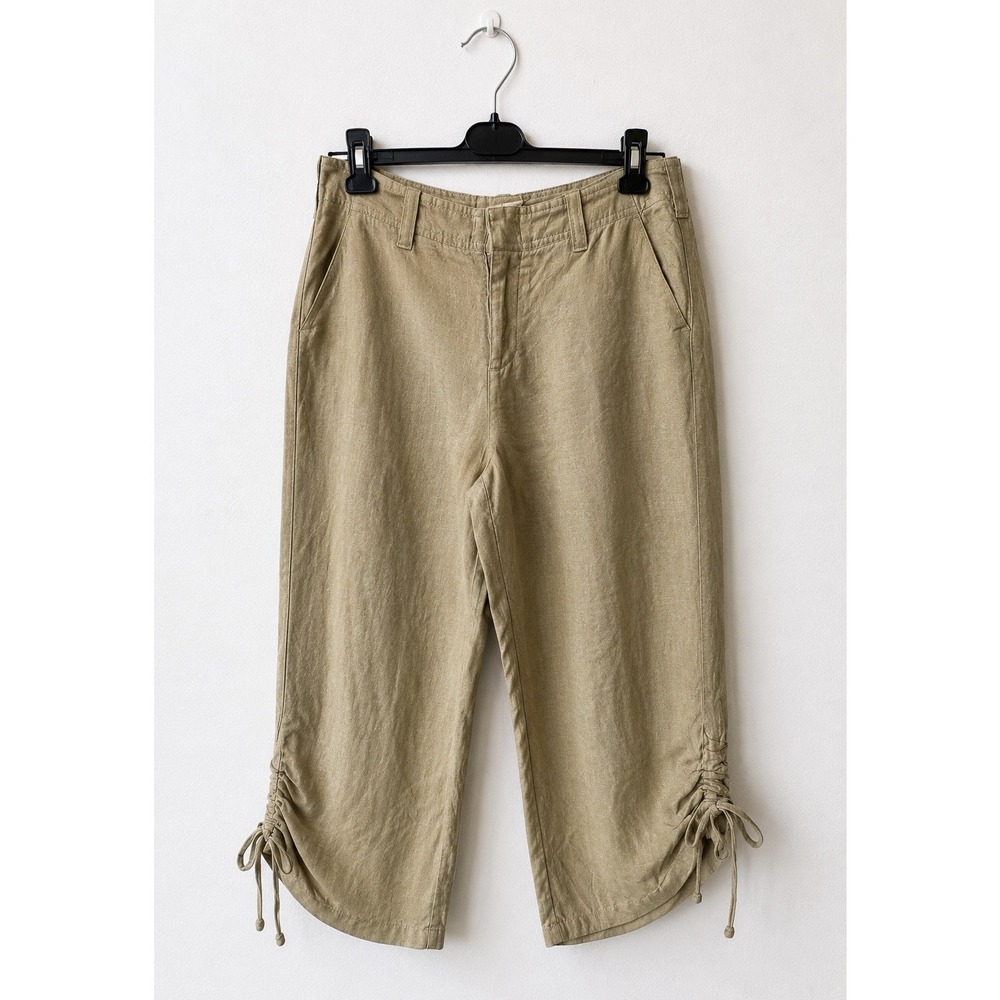 Gap Linen Capri Pants Women 10 Khaki Tan Cinched Hem Cropped Trousers Lagenlook
